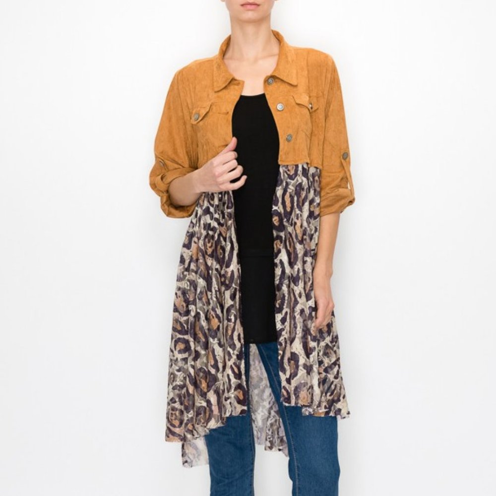 new ORIGAMI LACE & SUEDE CARDIGAN SHIRT BOHO western animal print leopard SM-3X